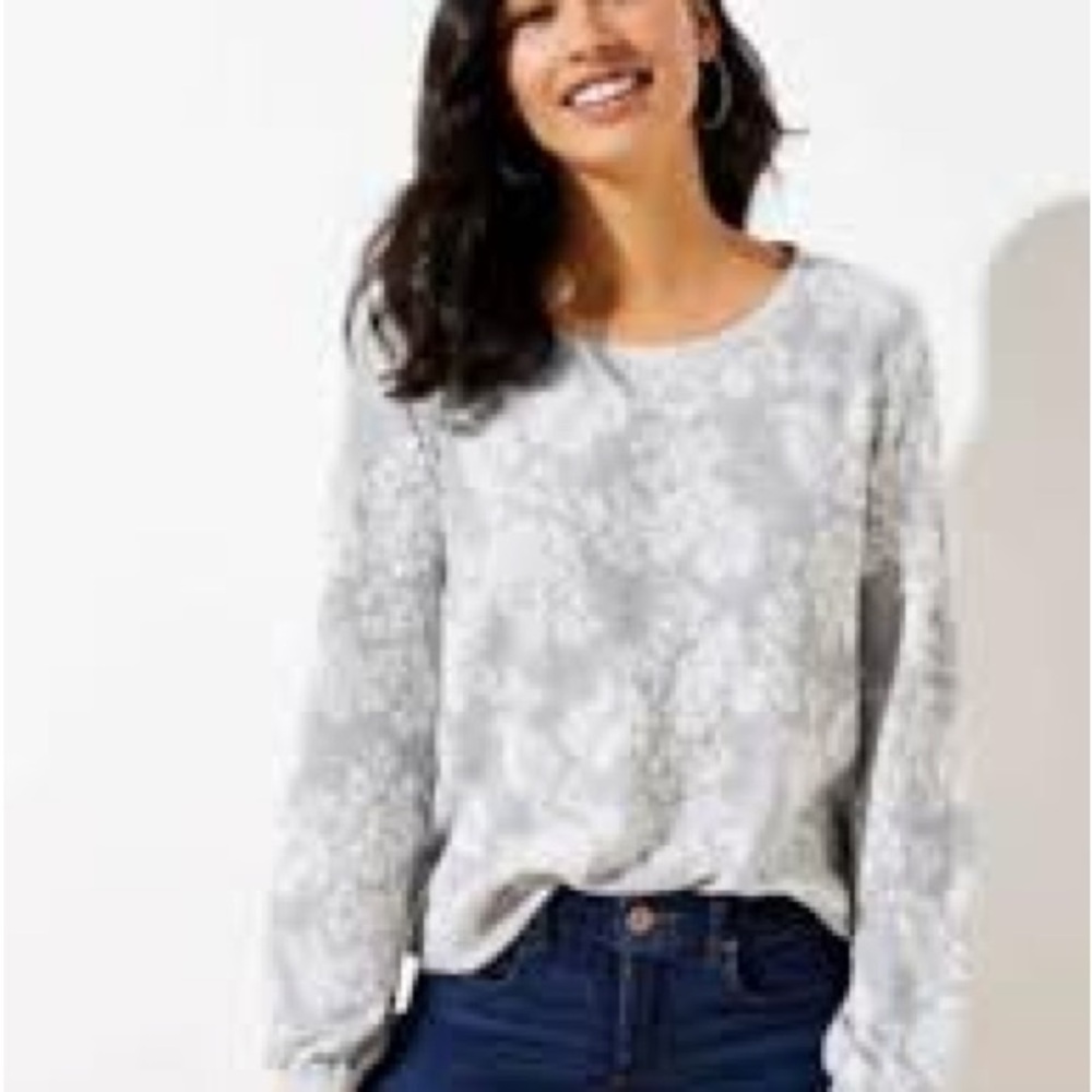 LOFT Gray and White Floral Knit Top Size XS